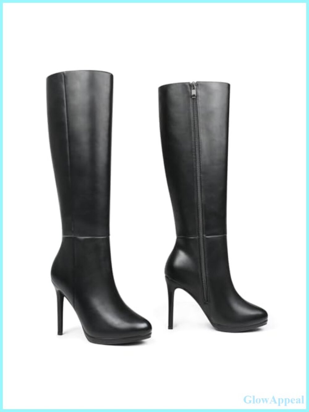 Women's Platform Stiletto Knee High Boots Faux Leather Round Toe Side Zip